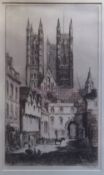 Framed etching of Lincoln Cathedral from the Bailgate by Sidney Tushington A.R.E