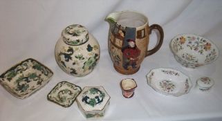 Masons "Chartreuse" ginger jar, lidded pot, ash tray and dish. 3pc Minton Haddon Hall, Beswick jug