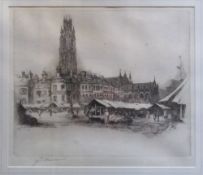 Framed etching of Boston Market Place signed by J.C. Marsden