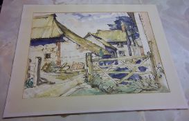 Unframed water colour of a cottage & farm building by Ernest Worrall 1898-1972 who moved to