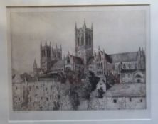 Framed etching "Lincoln Cathedral" signed by Margaret Rudge