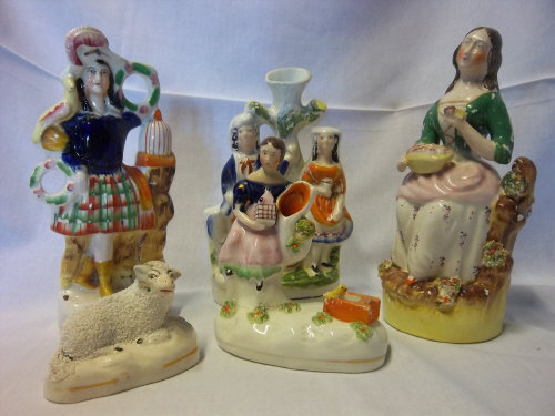 4 sm. Staffordshire figurines & a sheep
