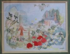 Framed watercolour depicting country scene with Louth signpost signed by the artist Colin Carr