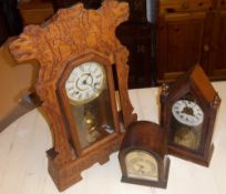 Carved oak mantle clock, gothic style mantle clock & sm. dome mantle clock