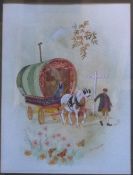 Framed watercolour depicting gypsy caravan with Brigg/Grimsby signpost signed by the artist Colin