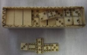 19th c. Prisoner of War carved miniature bone dominoes in bone case (no lid)