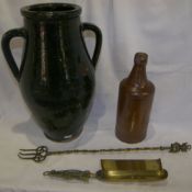 Stone bottle stamped G E Lucas Brothers, Crumb Tray (Louth church) and a Lincoln's imp toasting fork