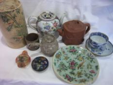 Sel. of oriental ceramics, etc, inc. Chinese red ware teapot,sake, plate, etc