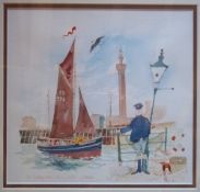 Framed watercolour entitled "The Fishing Ketch Alice Gelmot" Grimsby signed by the artist Colin Carr