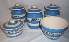 Sel. T.G. Green Cornish ware 'Tea', 'Coffee' & 'Sugar' canisters, lidded 'Butter' dish & '