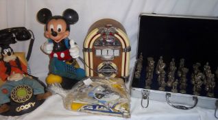 Goofy telephone, Mickey Mouse telephone, jukebox radio, white metal chess set & case