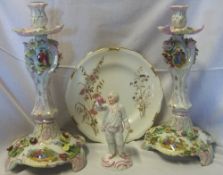 Pr candlesticks with underglazed crossed blue lines with letter T (Carl Thieme), Royal Crown Derby