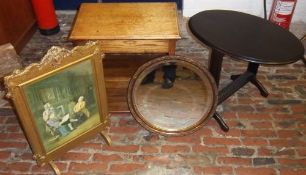 Sm round mirror, folding table, sm 1930s oak cabinet table with barley twist legs & firescreen