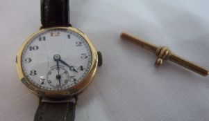 9ct Gold Edwardian trench watch and a gold 'T' bar