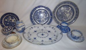 Sel. blue & white crockery including meat dishes, cups and saucers and ginger jar