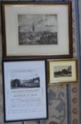 Framed view of Louth, photocopy of Ploughing Society certificate & framed postcard of Grimsby Rd,