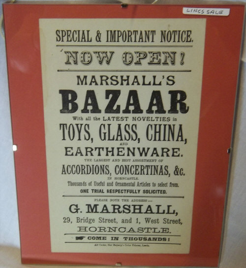 Framed advertising leaflet for "Marshall's Bazaar Horncastle"