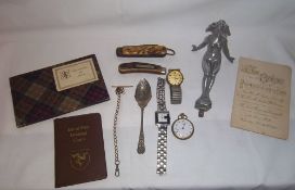 An early 20th c. car mascot, 1899 banquet card for Liverpool town hall, 2 pen knives, 3 watches,
