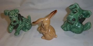 2 green Sylvac terrier dogs & Sylvac bunny