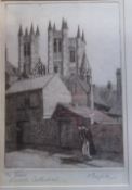 Framed etching "The Towers Lincoln Cathedral" signed by D Deighton