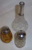 2 Silver top glass scent bottles and a scent bottle with a silver collar and missing stopper Sheff