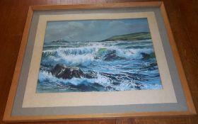 Framed seascape watercolour of Godrevy, Cornwall by 'W Pip Phillips'