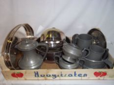 Sel. pewter inc. tankards & sel. S.P inc. gallery tray, dish etc.