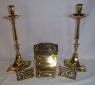 Pr brass candlesticks, brass letter rack & 2 sm. brass letter racks