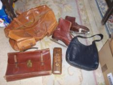 Pr old ice skates, leather glove box & sel. leather bags