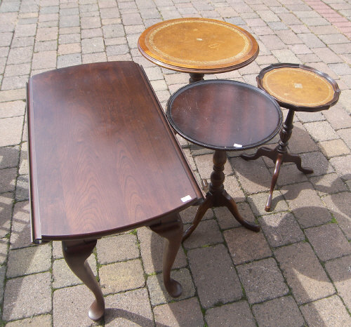 Modern drop leaf table, 2 leather topped occ. tables & 1 other