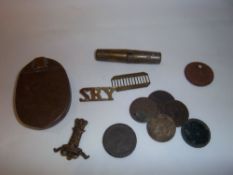 Circular leather dog tag, Surrey regiment badge, sel. trench ware, coins etc.