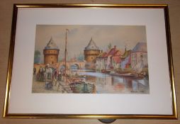 Framed watercolour depicting river scene with bridge signed J Latimer 1927 size approx. 44cm x 27.