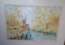 Framed watercolour depicting windmill by river by J S Moody size approx. 35.5cm x 25cm