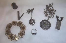 Silver gilt filigree bracelet, silver cigar cutter, thimble 2 necklaces etc.