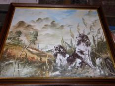 Oil on board depicting spaniels in countryside by Wilf Brown size approx. 54cm x 44.5cm