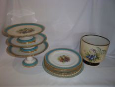Hand-painted dessert service comprising 5 plates & 3 comports, Royal Crown Derby plate & hand-