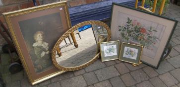 Gilt framed mirror, framed 'Bubbles' Pears print & sel. framed prints