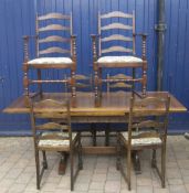 Oak Waring & Gillows drawer leaf table with 4 matching chairs & 2 carvers