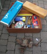 Box of tools inc. vices, chisels & lg. vice etc.