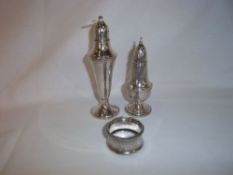 2 sterling silver pepper pots & silver napkin ring Birm. 1922