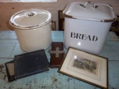 2 enamel bread bins, cased S.P cutlery & framed topographical Lincoln print