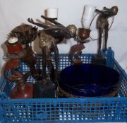 Sel. brass candlesticks, glass bowl & pr Art Deco style figurines