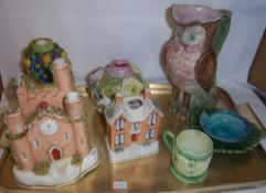 Majolica owl jug, 2 pastille cottages etc.