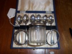 Cased set of 6 rat-tail coffee spoons Sheff. 1942, cut glass dressing table pot with silver lid &