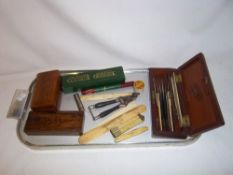 Folding ivory ruler, sel. scalpels some with ivory handles, cased Wilkinson Sword razor etc.