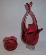 Cranberry glass bowl with flared rim & art glass basket vase