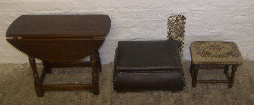 Oak drop leaf table with upholstered footstool & leatherette covered footstool