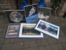 Sel. framed landscape prints & 3 framed prints from the space centre
