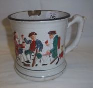 Staffordshire tankard with relief moulded design of men drinking & internal frog
