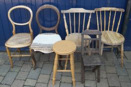 2 Vict. balloon back chairs, 2 pine kitchen chairs, stool & folding chair